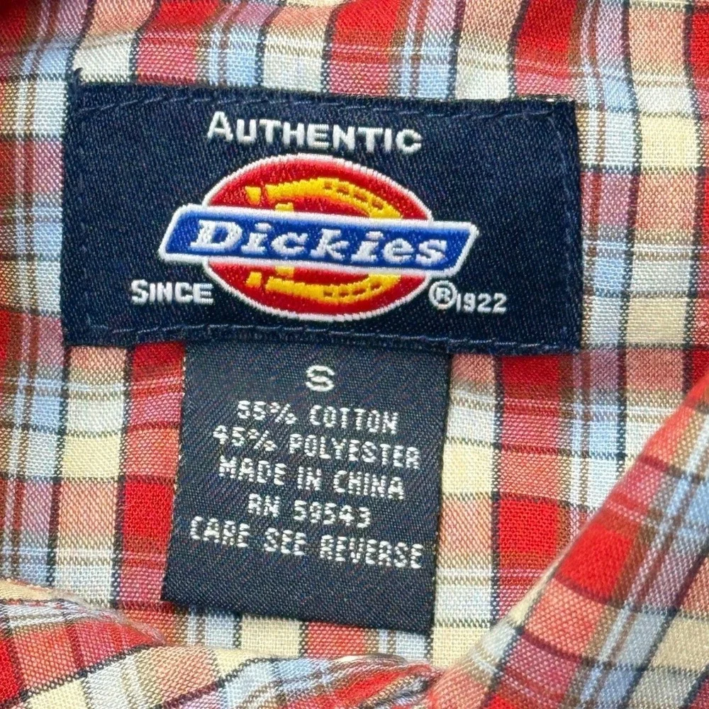 Dickies Western Shirt Mens S Pearl Snap Cotton Blend Red Blue Plaid Short Sleeve